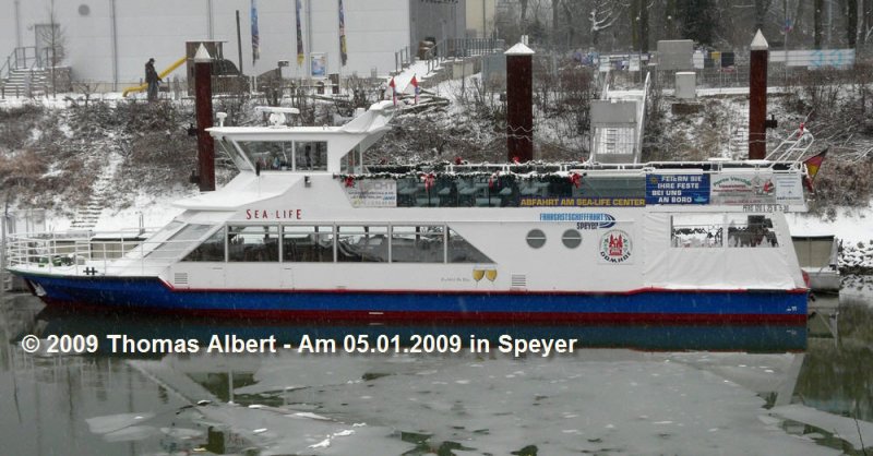 Name:  SEA-LIFE  (auch Name:  SEA LIFE ) , ex  AHRENSHOOP  - ? / Baujahr: 1999 (Stapellauf am 28.04.1999) / Bauwerft: Deutschen Binnenwerften GmbH, Werft Berlin - ehemals Yachtwerft in Berlin-Kpenick (Deutschland) / Flagge: Deutschland / Lnge: 24,20 m / Breite: 5,30 m / Tiefgang: 0,90 m / 120 Passagiere / Antrieb: Cummins 6 CTA 8.3-M1 mit 186 kW bei 2100 UpM auf Schottel-Ruder-Propeller (SRP 110) / Eigner ~ Betreiber: Fahrgastschiffahrt Speyer GmbH in Speyer , ex Reederei Wolfgang Rasche in Born bis ? / Heimathafen: Speyer (ex Born bis ?) / Fahrtgebiet: Rhein (ex Ostsee bis ?) / Schiffs- oder Registriernummer: 5613470 / Bemerkung: Das Schiff wurde auf eigenen Kiel von der Ostsee zum Oberrhein berfhrt. Die Fahrt fhrte von der Ostsee ber den Nord- Ostsee-Kanal und das Ijsselmeer zum Rhein. Bedingt durch Sturm und starken Wellengang, wurden aus den geplanten 8 Tagen fhr die berfhrung 14 Tage.