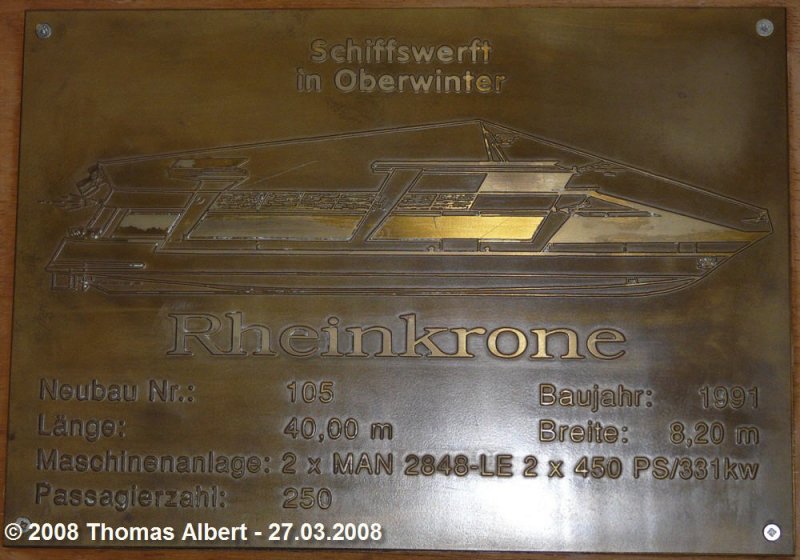 Weitere Fotos:  RHEINKRONE  (1991) - Tafel an Bord mit technischen Daten zum Schiff.