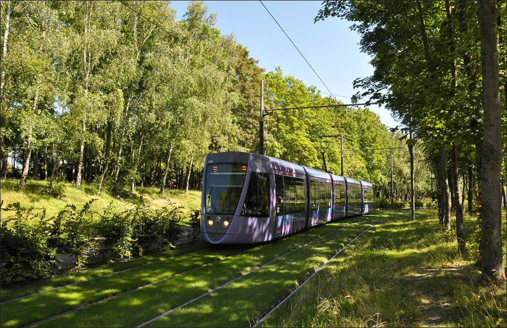 . Im Schatten durchquert Wagen 105 das kleine Waldst�ck zwischen den Stationen   Saint John Perse  und  Campus Croix Rouge . 23.07.2012 (Jonas)