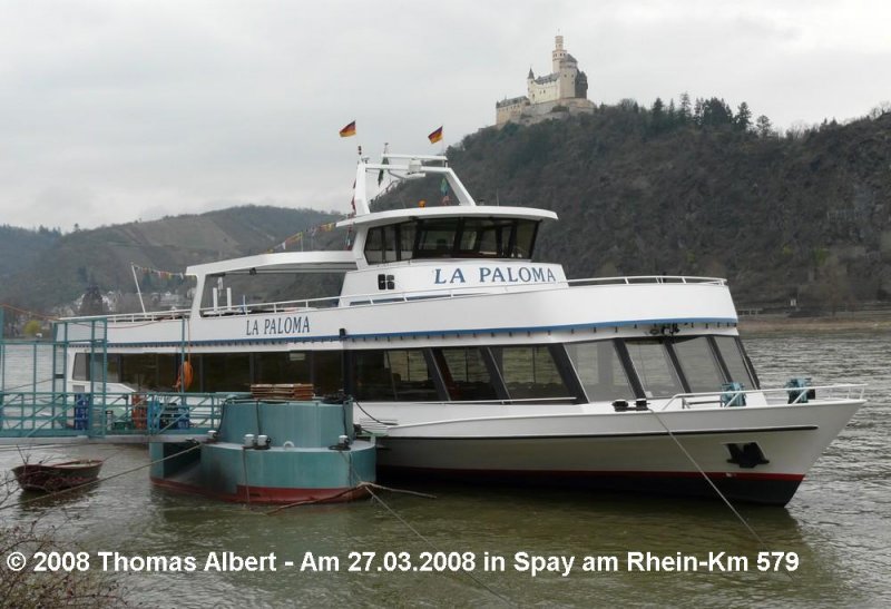 Name:  LA PALOMA  / Baujahr: 1992 / Bauwerft: Lux-Werft in Niederkassel-Mondorf (Deutschland) / Flagge: Deutschland / Länge: 40,40 m / Breite: 9,60 m / Tiefgang: 1,40 m (leer) / 400 Passagiere / Antrieb: 2 x MAN-Diesel mit je 400 PS auf 2 Schottel-Ruder-Propeller SRP 110 (ex 2 x 303 PS auf 2 SRP 100) / Eigner~Betreiber: Marksburgschiffahrt Vomfell (Ulrike Vomfell) in Koblenz / Heimathafen: Koblenz (Liegeort Spay) / Fahrtgebiet: Rhein / Schiffs- oder Registriernummer: ? / Bemerkung: 