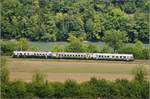 Triebwagentreffen Koblenz 2017. BDe 4/4 201 im Kleid der EBT ist eigentlich BDe 4/4 82 der SOB. Der Triebwagen wurde vom Verein Pendelzug Mirage mustergültig aufgearbeitet und ist hier am Rhein bei Etzgen mit einem passenden Zweitklasswagen B und dem Steuerwagen ABt zu sehen. August 2017.