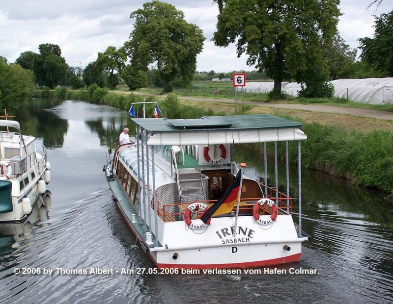 Weitere Fotos:  LYRA  (1963) - Im Canal de Colmar. Am Heck noch der Heimathafen Sasbach und der Name  IRENE . Seit 2007 ist das Schiff als  LYRA  in Osnabrück beheimatet.